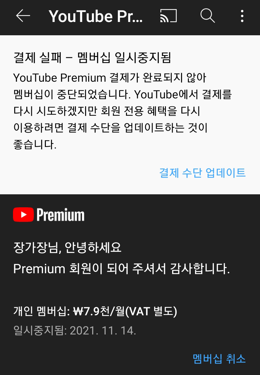 유튜브 프리미엄 결제수단 변경, 사용할 수 없는 카드유형 머고!?