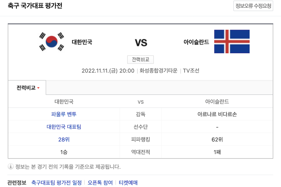 한국 아이슬란드 축구 중계 국가대표 명단 피파랭킹