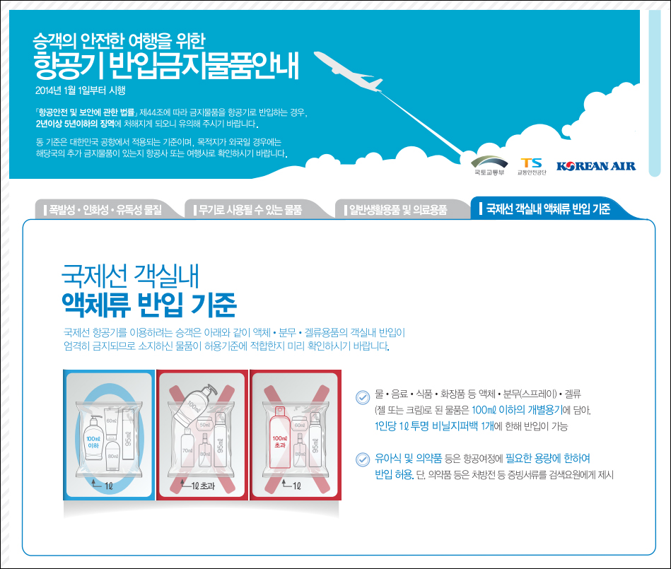 국제선 비행기 기내 반입 금지 물품 액체류 보조배터리 기내수화물 액체 규정