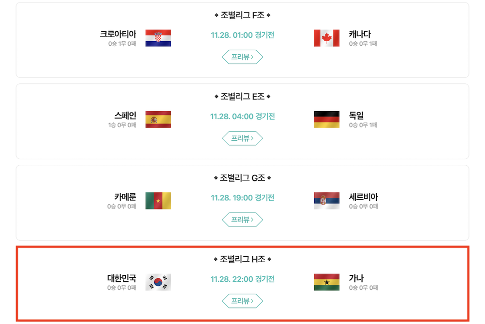 2022 카타르 월드컵 한국 일정 경기 명단 선수 조 시간