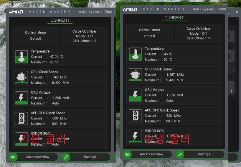 라이젠 PBO 켜기와 AMD 7900 CPU 기본 쿨러와 커세어 수냉 쿨러 온도 비교