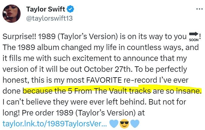 테일러 스위프트::"1989 (Taylor’s Version) 앨범"=10월 27일 발매, 궁금=초동 판매량+"Bad Blood" 등등