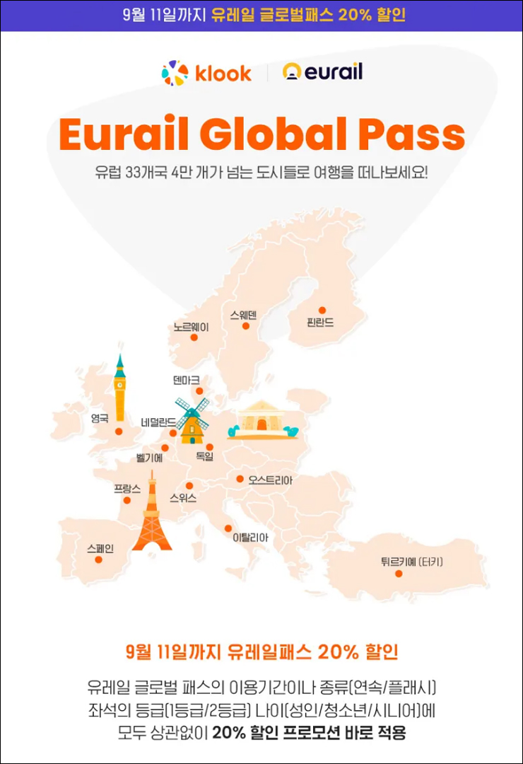 유럽자유여행 유럽여행 준비물 유레일패스 예약 가격 20% 할인
