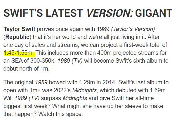 테일러 스위프트(Taylor Swift)::&quot;1989 (Taylor’s Version) 앨범&quot; 초동 판매량 예측=145만 ~ 155만 units
