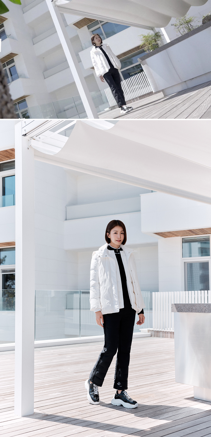 피에이티(PAT) 이시영 고욱 패션 화보 여성 겨울 코트, 남성 경량 패딩 코디