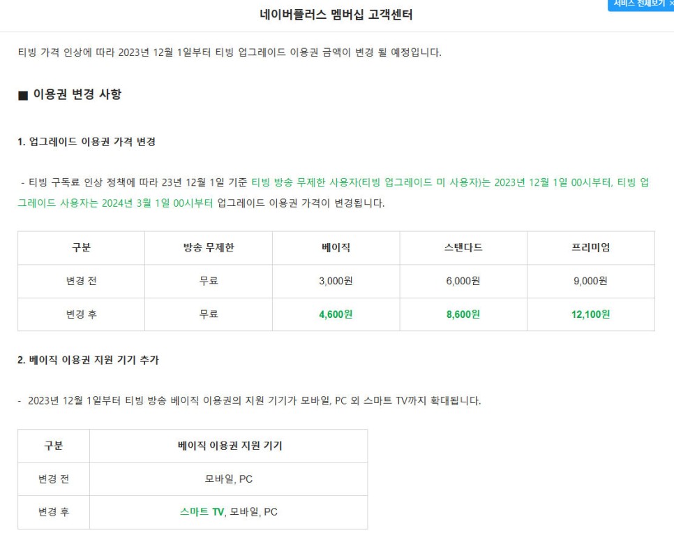 OTT 서비스 12월 티빙 요금제 인상, 네이버플러스 멤버십 티빙 무료, 연간 이용권 할인