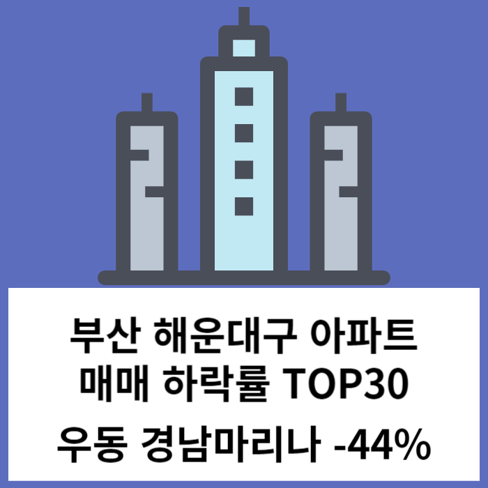 해운대 아파트 매매 실거래 하락률 TOP30 : 경남마리나 -44% 하락 '23년 10월 기준