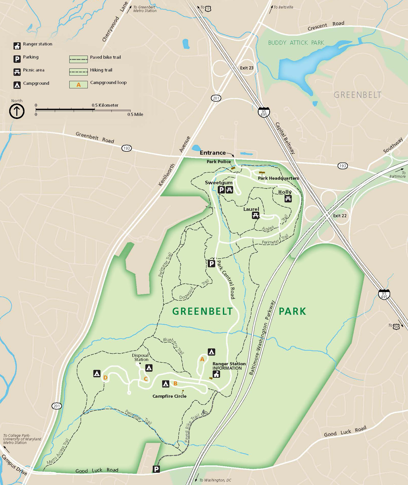 워싱턴 기념비에서 10마일 떨어진 곳에 캠핑하세요! 메릴랜드 주의 국립 그린벨트 공원(Greenbelt Park)