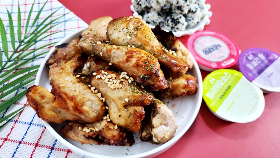 에어프라이어 간장 치킨 요리 집에서 술안주 닭구이 김가루 주먹밥 만들기