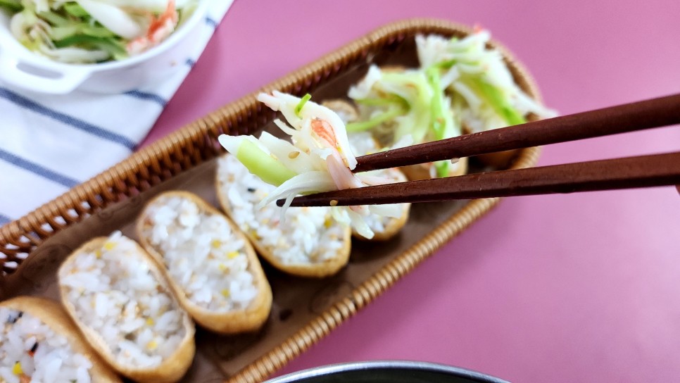 맛살 샐러드 만들기 크래미 유부초밥 도시락 오이맛살냉채 게살샐러드 유부요리