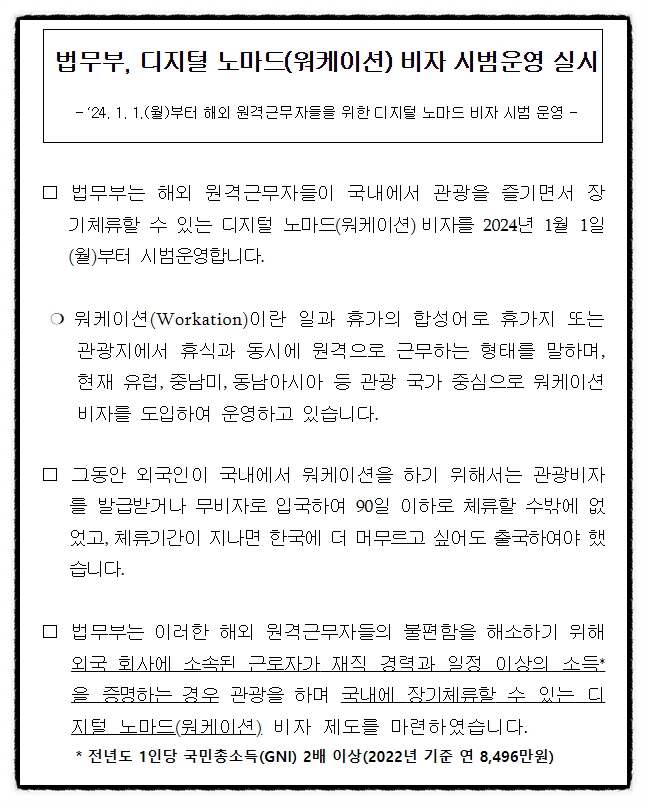 디지털 노마드 비자 2024년 1월 1일 실시! 워케이션 일과 여행을 동시에 유튜버 가능?