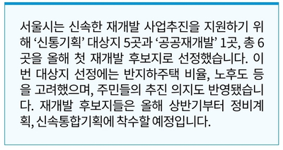 [서울시 정보 내 손 안에 서울] '신통기획' 등 올해 첫 주택재개발 후보지 6곳은 어디?