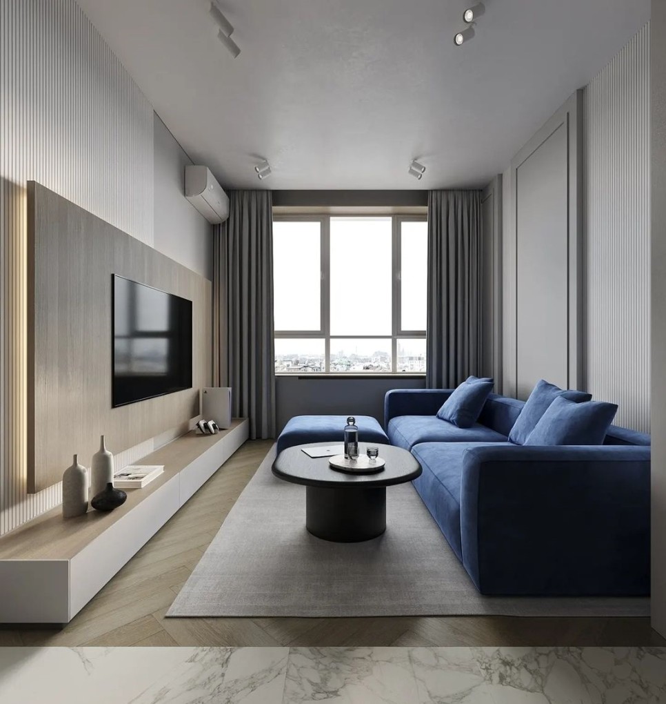 블루 포인트 거실 인테리어 나무아트월 템바보드 벽장식 거실 꾸미기