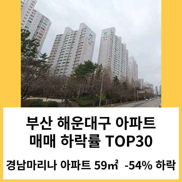 해운대 아파트 매매 실거래 하락률 TOP30 : 경남마리나 시세 -54% 하락 '24년 1월 기준
