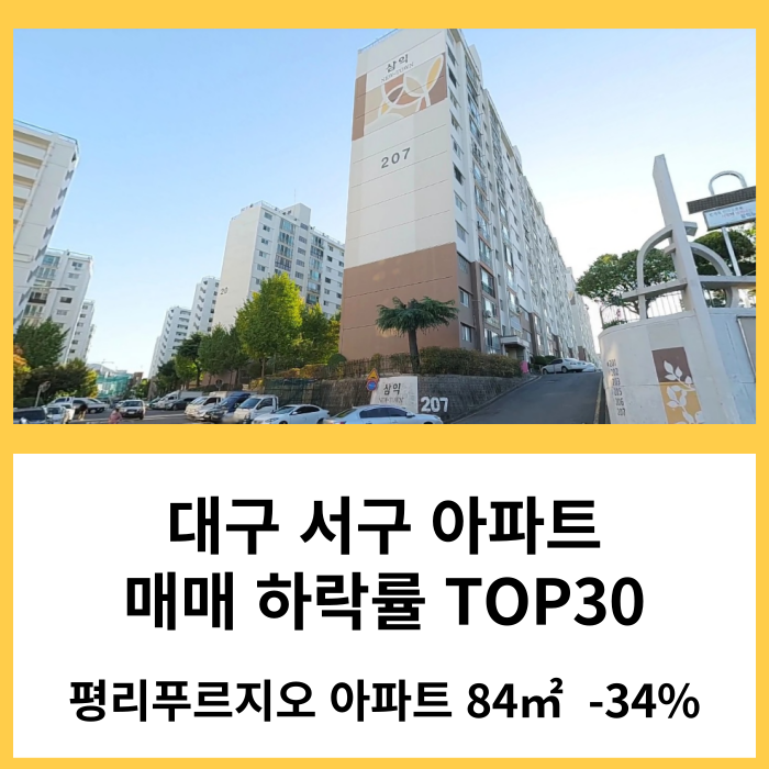 대구 서구 아파트 매매 실거래가 하락률 TOP30 : 평리푸르지오 시세 -34% 하락 '24년 2월 기준