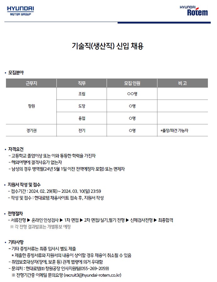 2024 상반기 현대로템 기술직(생산직) 채용, 자소서 항목 분석 ( ~ 3/10) [PS. 포스팅도 하기 전에 이미 컨설팅 문의 폭주! 합격 후기 인증합니다.]