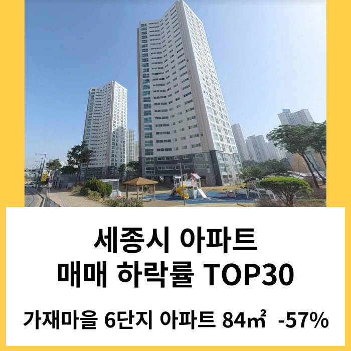 세종시 아파트 매매 실거래가 하락률 TOP30 : 가재마을 6단지 아파트 시세 -57% 하락 '24년 3월 기준