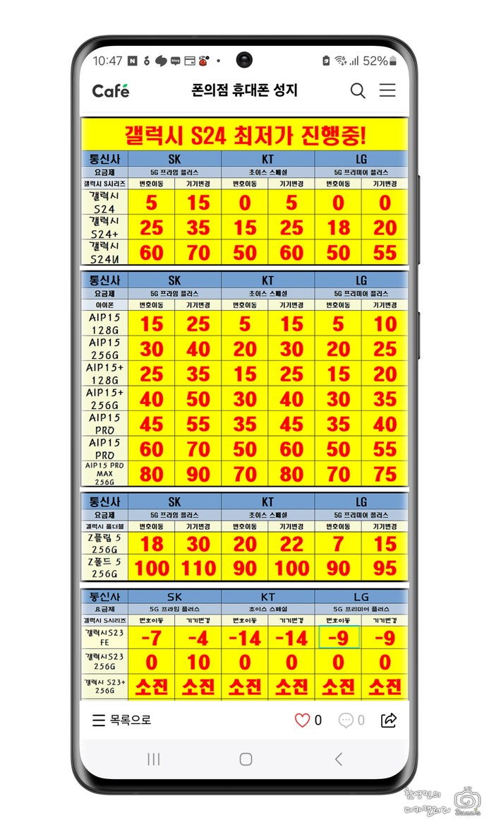 서울 휴대폰성지 카페 시세표 읽기가정답