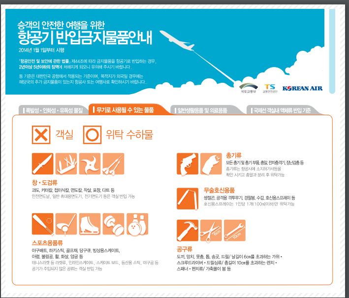 국내선 기내반입 금지품목 보조배터리 비행기 액체 용량 국제선 수화물 규정