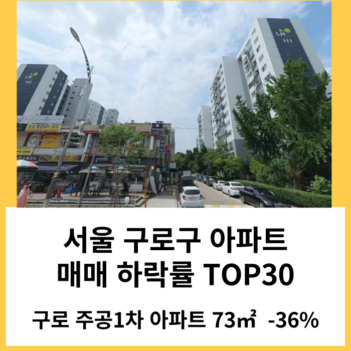 서울 구로구 아파트 매매 실거래가 하락률 TOP30 : 구로주공 1차 시세 -36% 하락 '24년 4월 기준