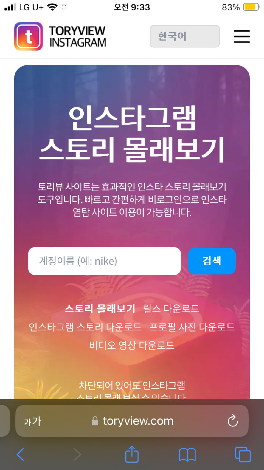 인스타 스토리 몰래보기 및 릴스 다운로드 사이트