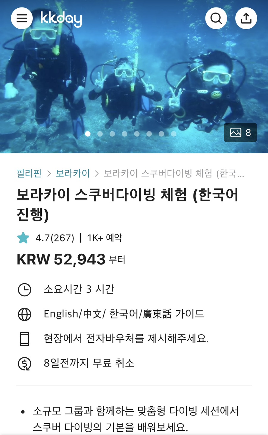 보라카이 여행 보라카이 자유여행 스쿠버다이빙 체험 한국어 진행