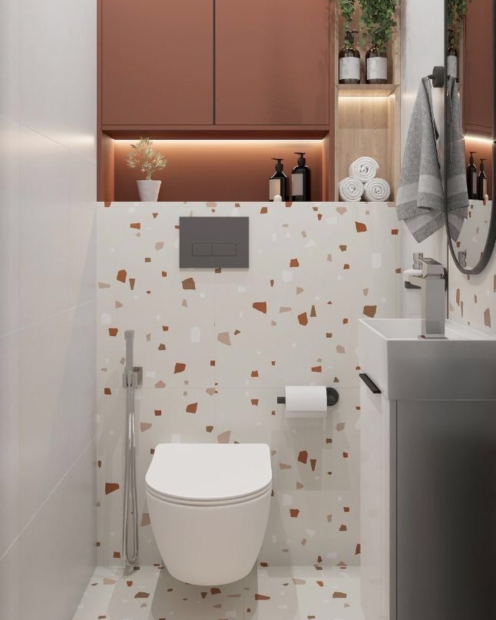 작은 화장실 인테리어 디자인 - 예쁜 화장실 조명, 타일, 수납장