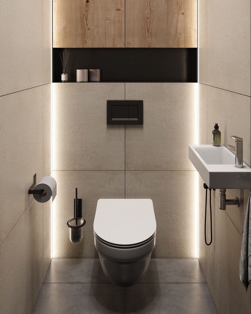 작은 화장실 인테리어 디자인 - 예쁜 화장실 조명, 타일, 수납장