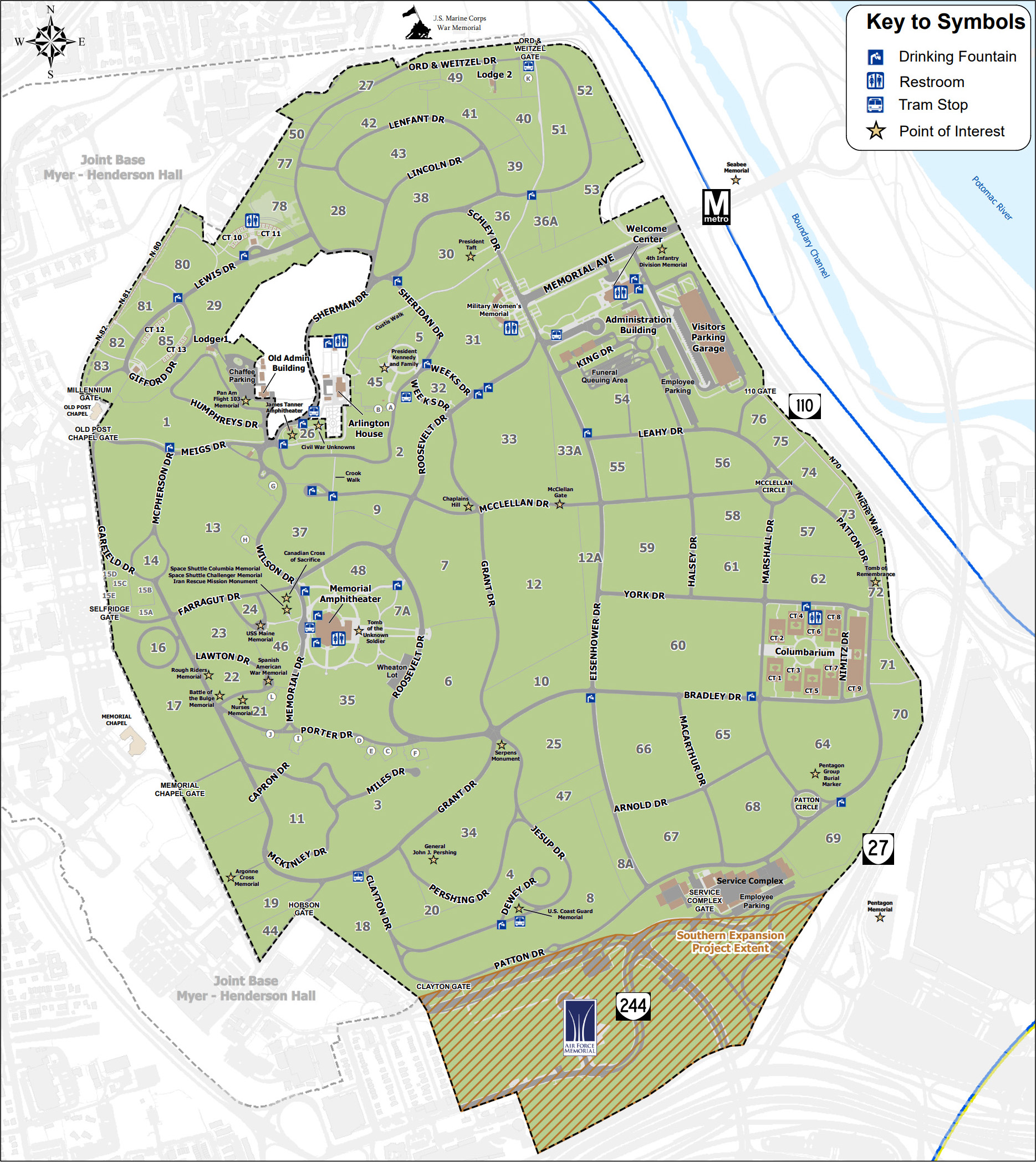 알링턴 국립묘지(Arlington National Cemetery)의 케네디 대통령 무덤과 무명용사묘 보초병 교대식 등