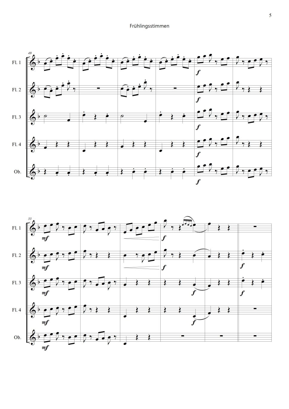 플룻 + 오보에 앙상블을 위한 봄의 소리 왈츠 악보입니다.