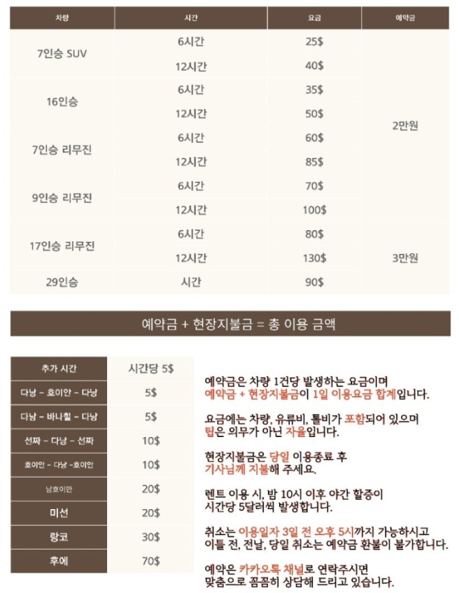 다낭 현지 렌트카 공항 픽업 비용 가격 호이안 투어 추천