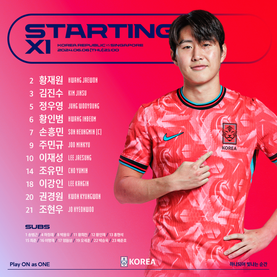 대한민국 중국 축구 월드컵 예선 한국 축구 국가대표 일정 명단 등번호 중계 play kfa