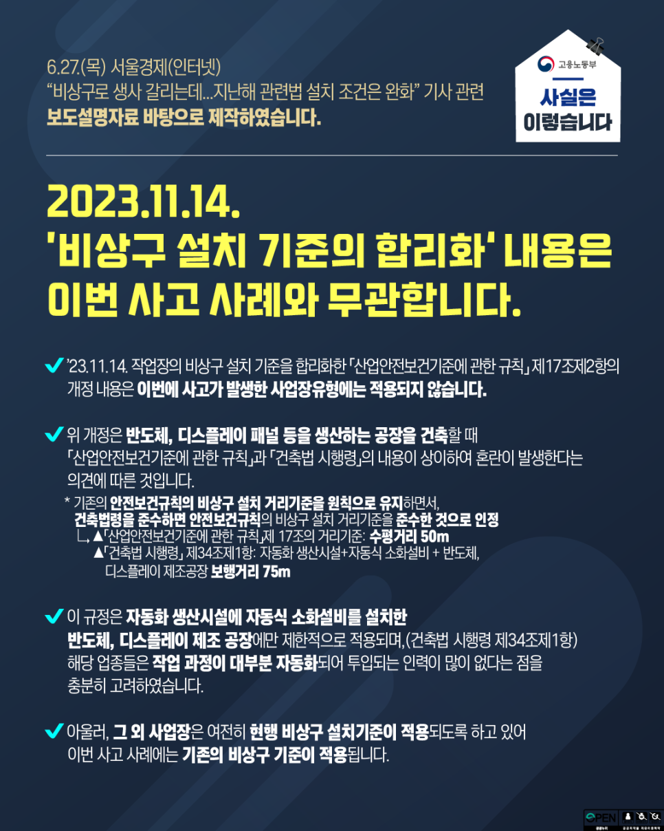 2023.11.14. '비상구 설치 기준의 합리화' 내용은 이번 사고 사례와 무관합니다.