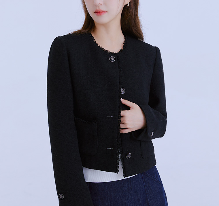 정소민 착용하고 품절된 여자 봄 가을 노카라 트위드 크롭 숏 자켓 코디