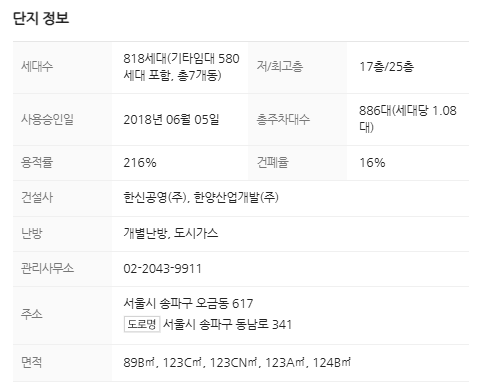 오금동 아파트 리스트(가락상아, 우창, 송파 두산위브, 레미니스, 오금현대, 대림)