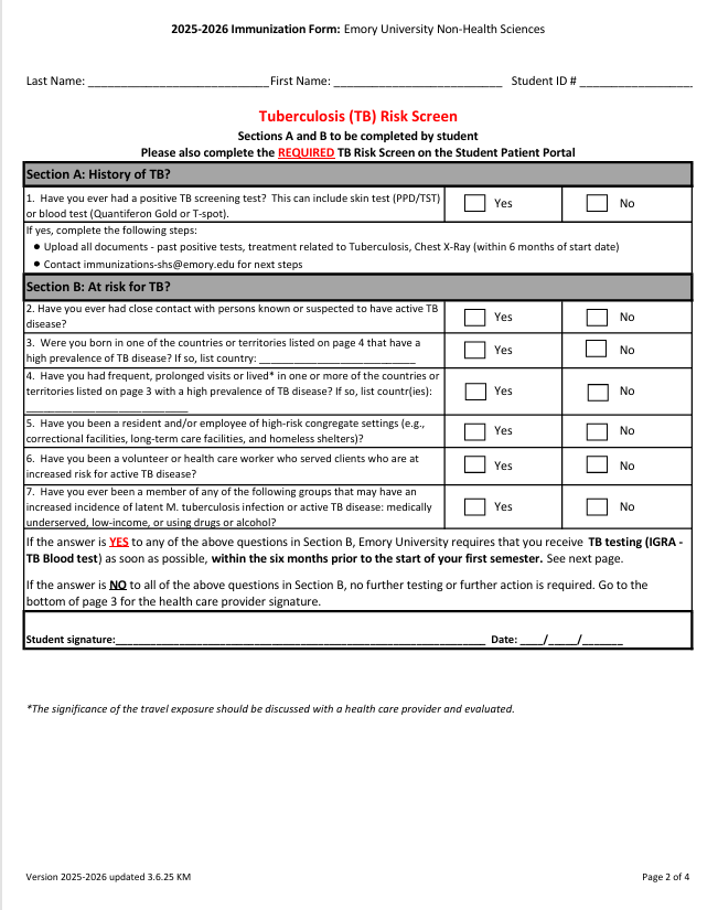 Emory 대학 Immunization Form, 에모리대학 유학 건강검진