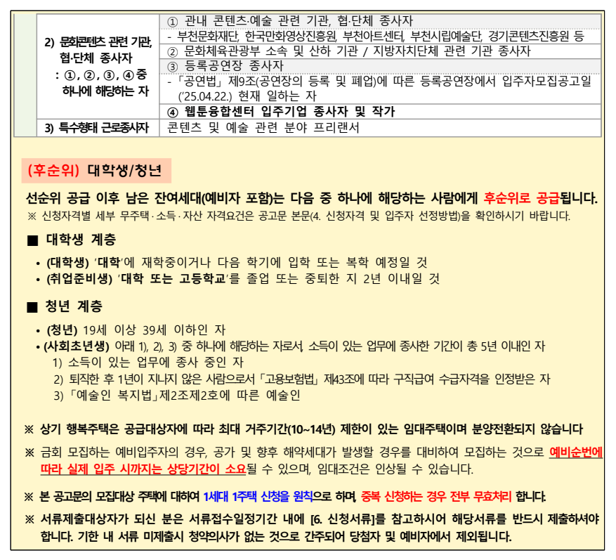 부천영상 지역전략산업지원 행복주택 (부천 청년문화마을 예술인주택) 추가모집공고