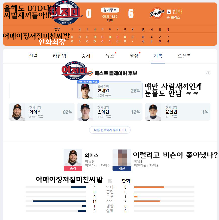 2025.8.13 kbo 경기 결과(수원, 문학, 잠실 우취)