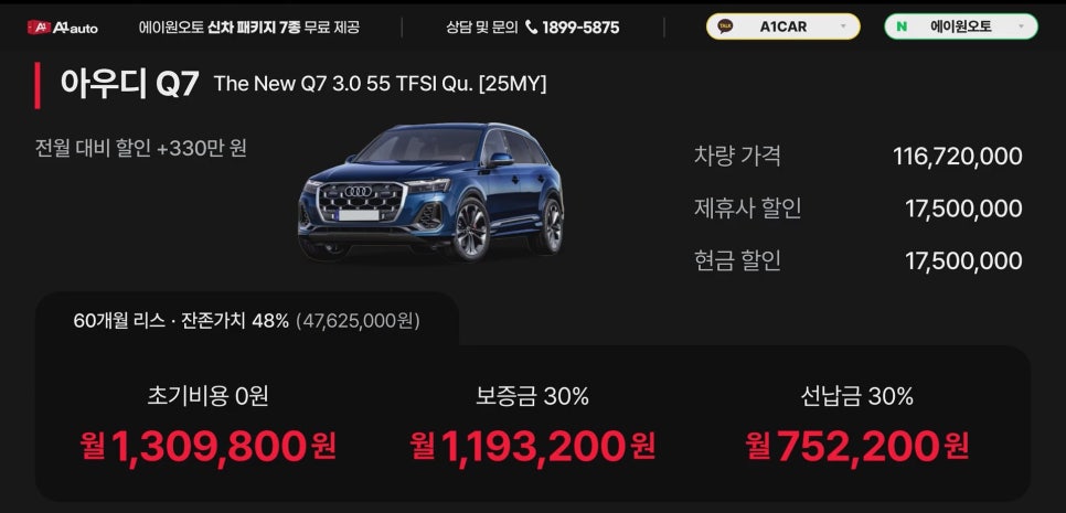 이번 달 아우디 프로모션 적용한 최적 금액은? (A5/A8/Q4/Q6/Q7)